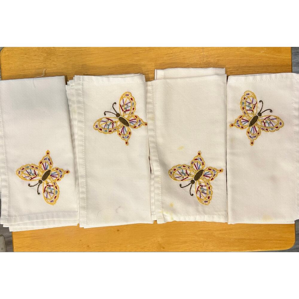 Napkins 1888 Mills White Butterfly Embroidered Beads Set/4 Fairy Boho Artsy FLAW